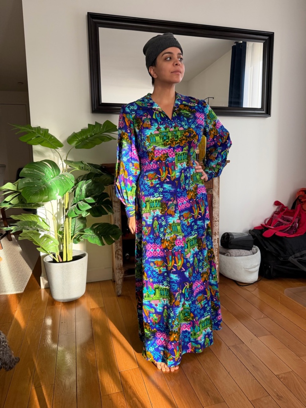 Vintage Multicolor Floral & Scenic Maxi Dress in Blue, Green, Purple